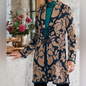 EUC- Soft Surroundings ‘D’Orsay’ Shawl Collar Damask Print Mid-Length Cardigan